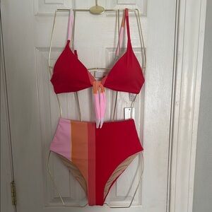 NWT Beach Joy Stylish Red and Pink Colorblock Bikini Set #433